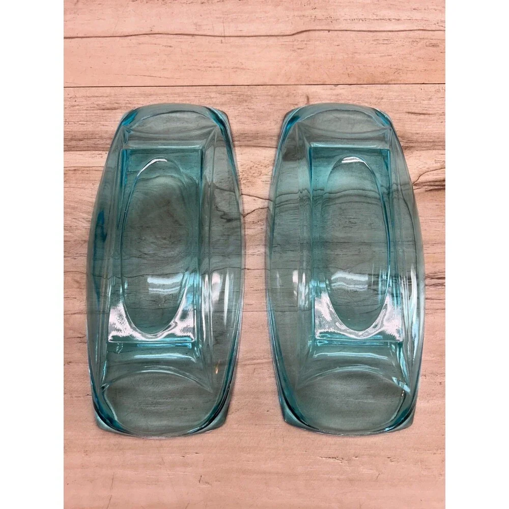 Vtg 1960s Hazel Atlas Turquoise Capri Blue Glass Serving Dishes Set Of 2